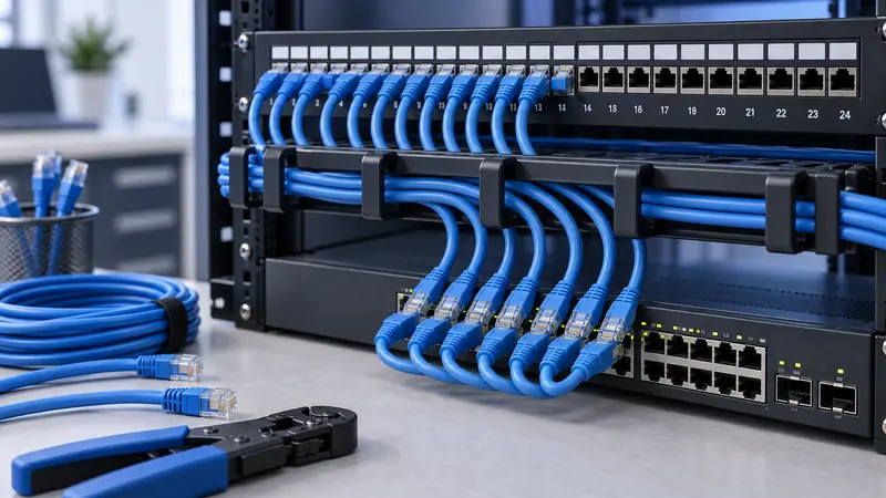 Ilustrasi patch panel, switch, dan pengaturan kabel LAN