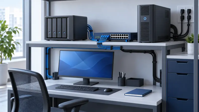 Ilustrasi integrasi NAS, switch, UPS, dan workstation
